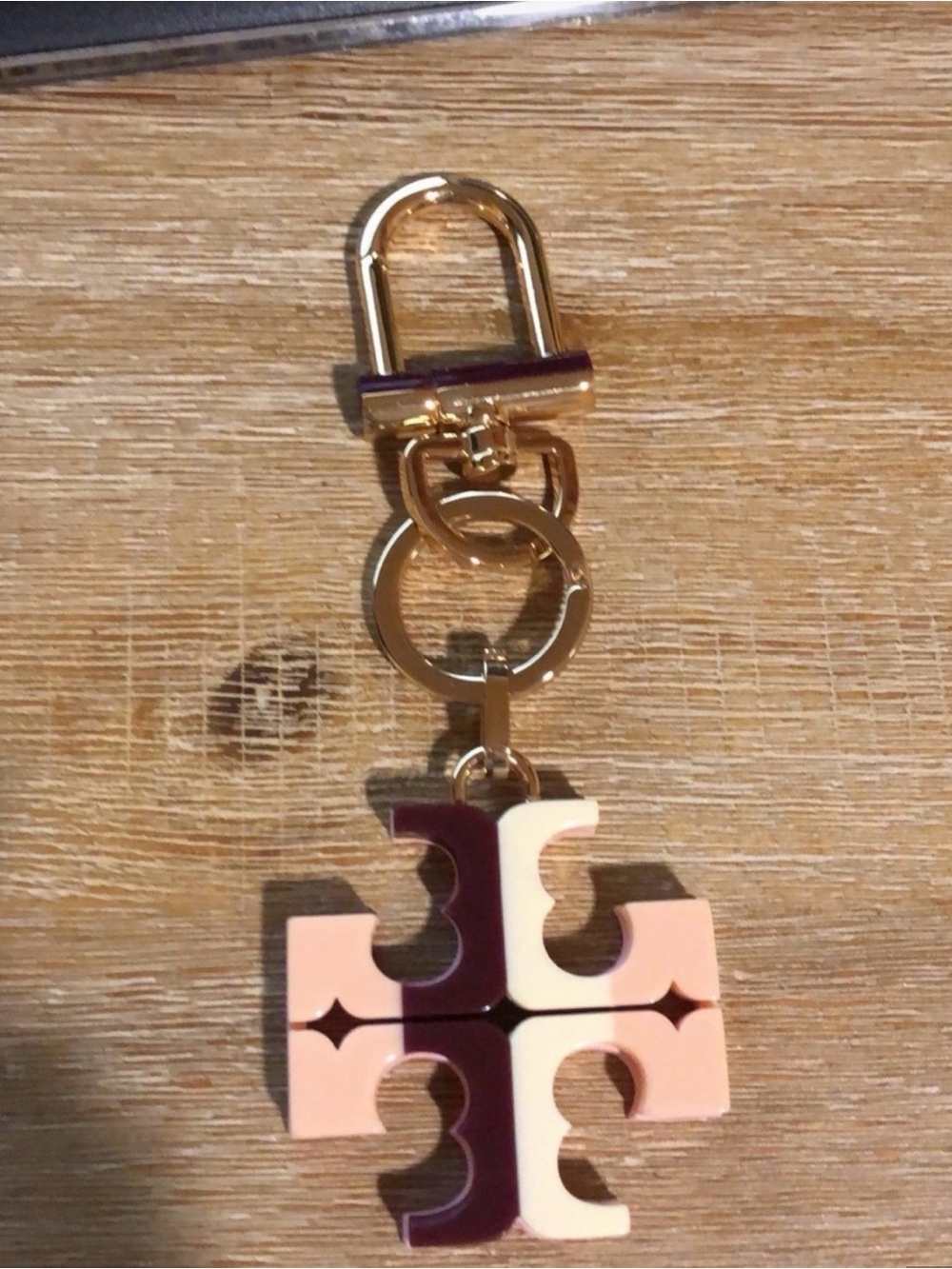 Tory Burch Pink, Cream & Gold Logo Keychain Charm